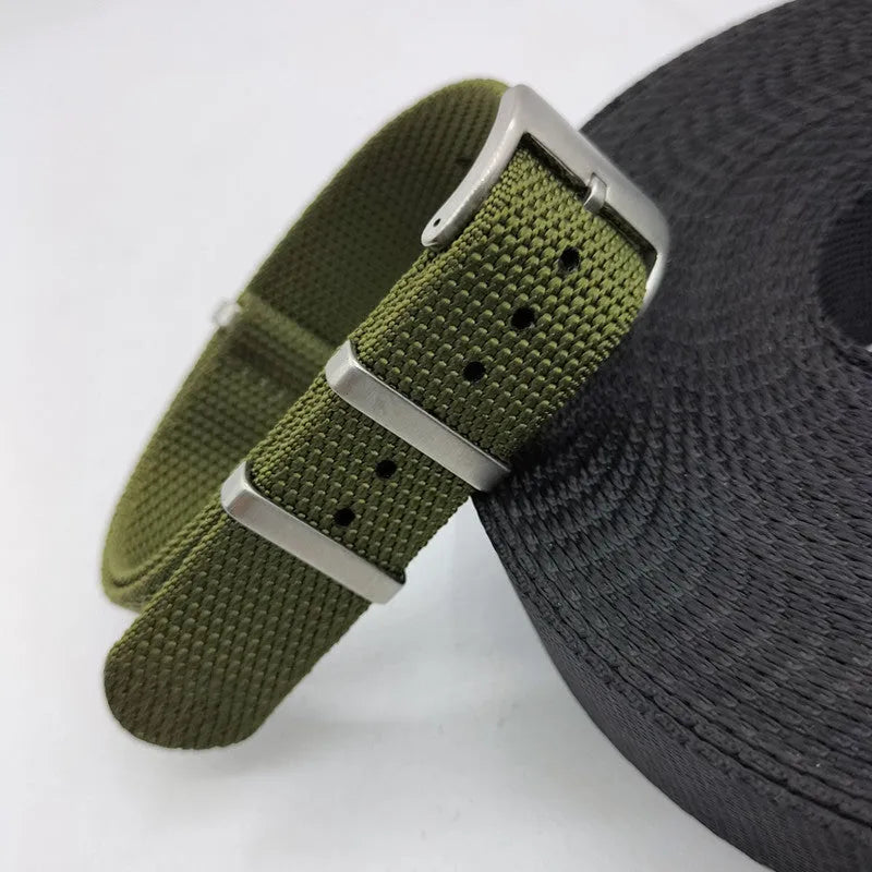 Nylon integrated watch strap in army green colour, showing the 20mm width option.