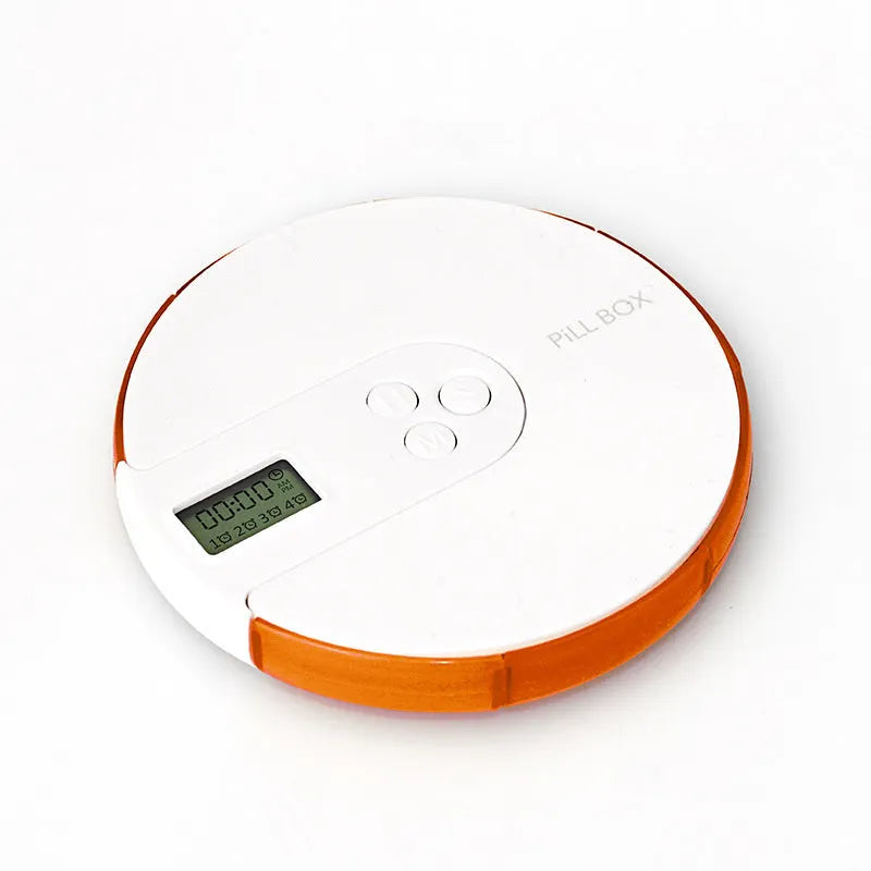 Blue seven-day alarm clock pill dispenser with digital display, showing daily compartments and measuring 11cm wide.