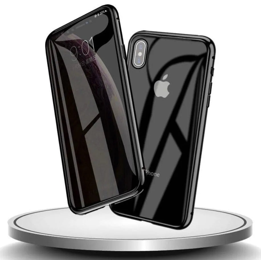 Geometric-patterned clamshell phone case in navy blue, open to show iPhone 13 Pro Max inside.