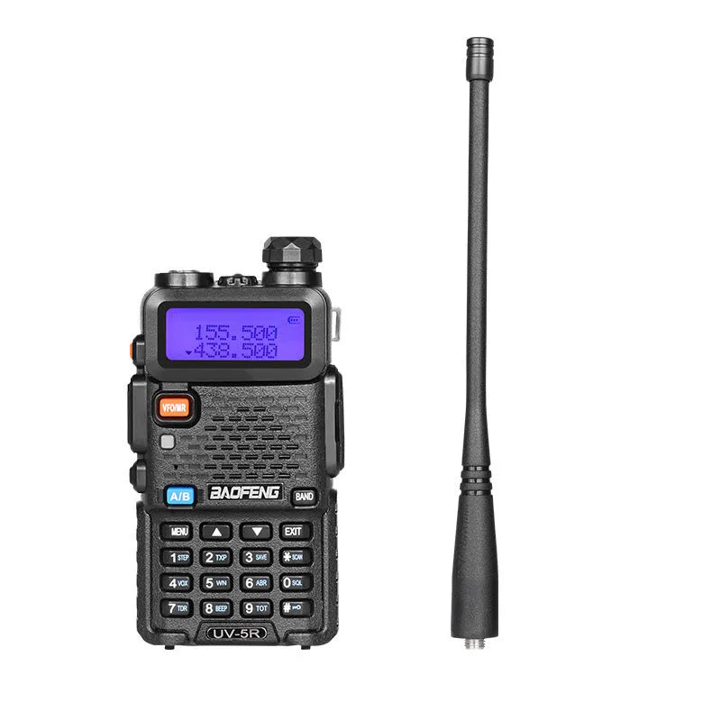 Compact black VHF UHF two-way radio walkie talkie with LCD display, showing 128 channels and long battery life.