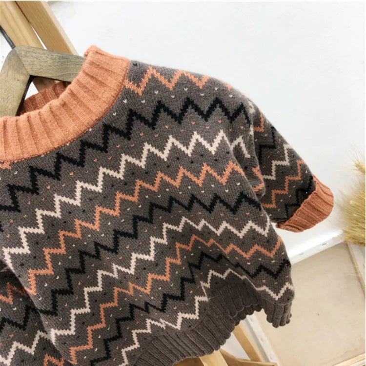Korean-style children's woollen sweater with long sleeves in brown and apricot colour options
