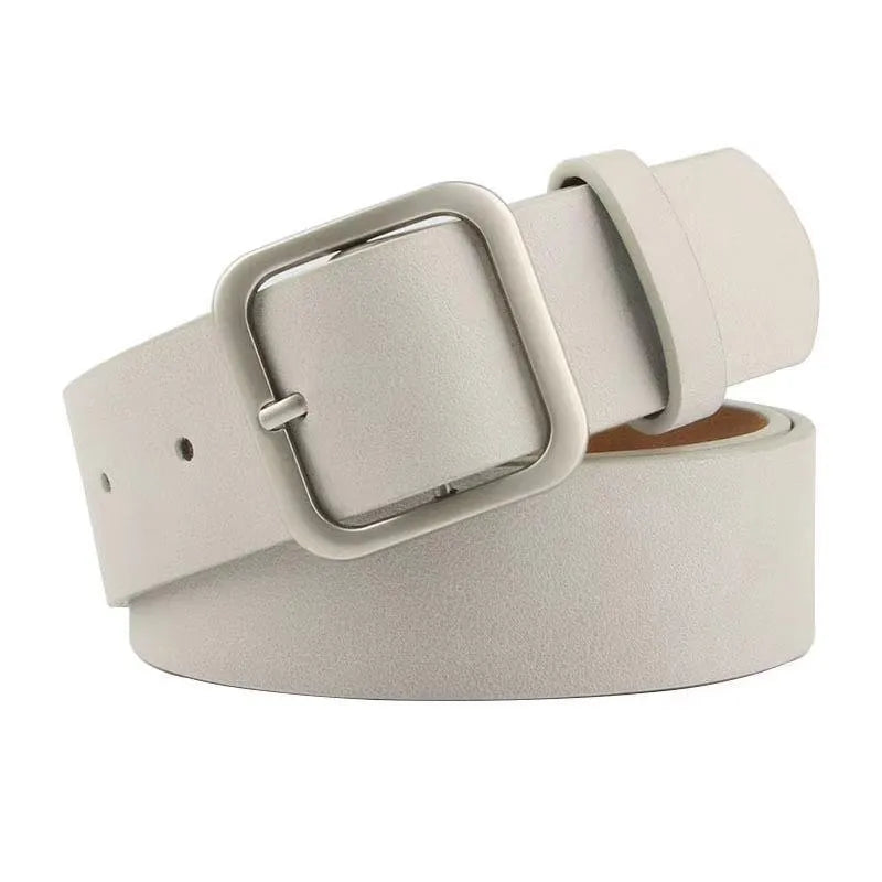 Genuine leather belt with rectangle alloy pin buckle, shown in red, black, brown and camel