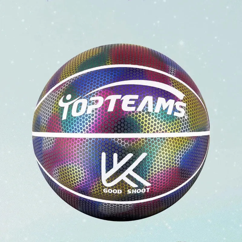 Size 7 holographic reflective PU basketball, 24.5cm diameter, in White Moonlight or Rainbow