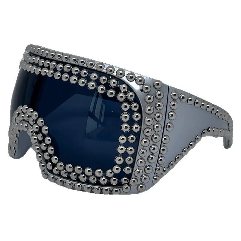 Men's silver square sunglasses with large 140mm rim and rivet details on black background.