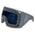 Men's silver square sunglasses with large 140mm rim and rivet details on black background.