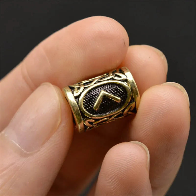 Set of 24 alloy Viking rune beard beads in antique silver, bronze, and red brass finishes, 13x10mm with 6mm inner diameter