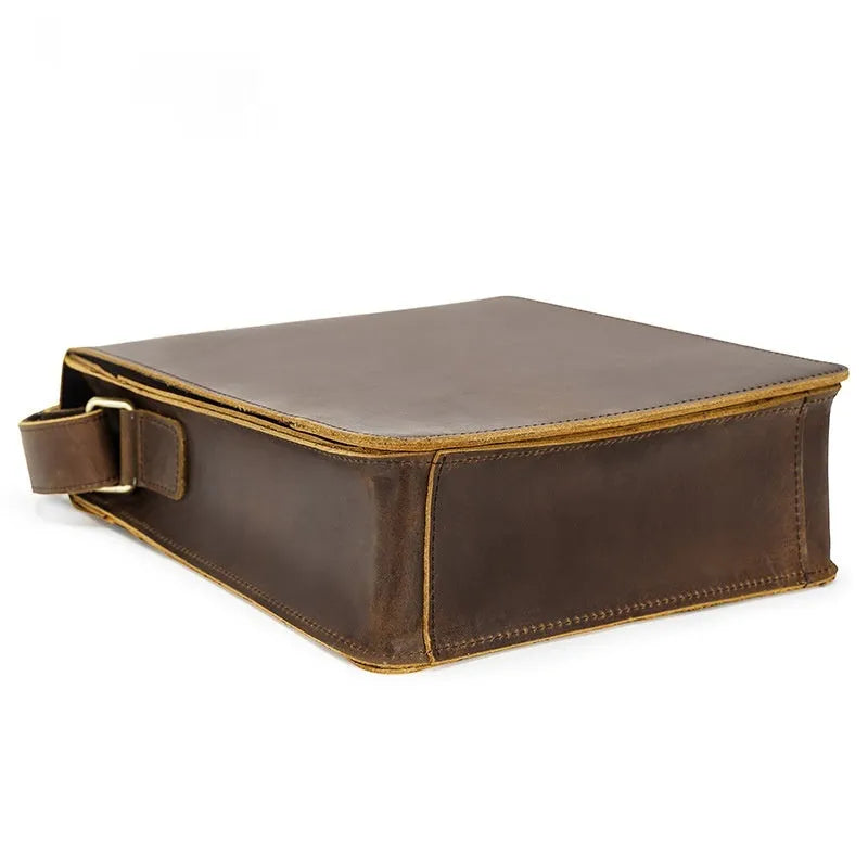 Vintage cowhide men's crossbody bag brown genuine top grain leather geometric pattern urban simplicity style