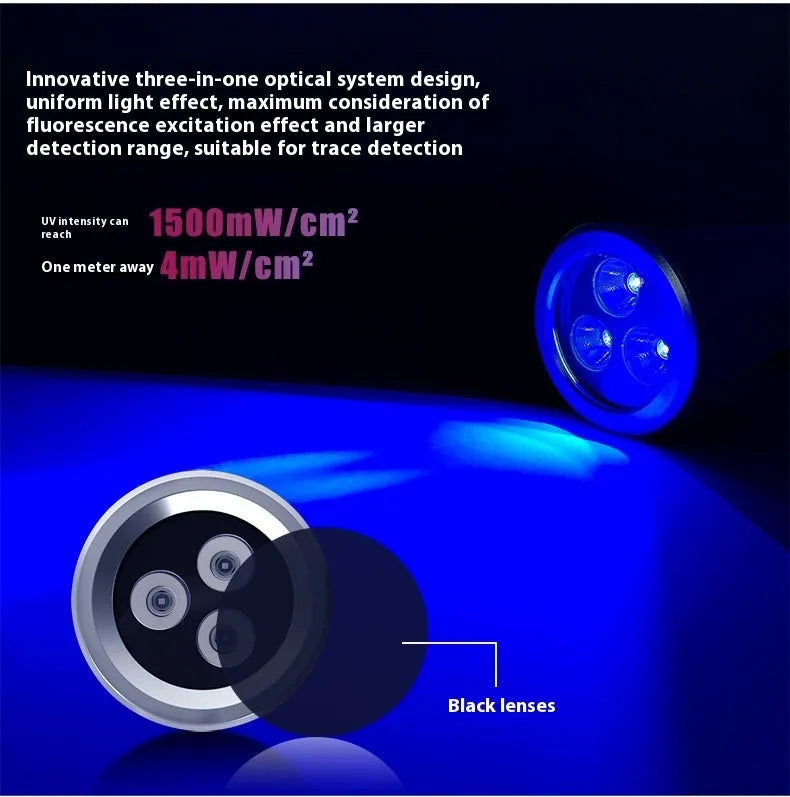 Aluminum alloy UV flashlight for pet urine and insect stain detection with USB-C charging port