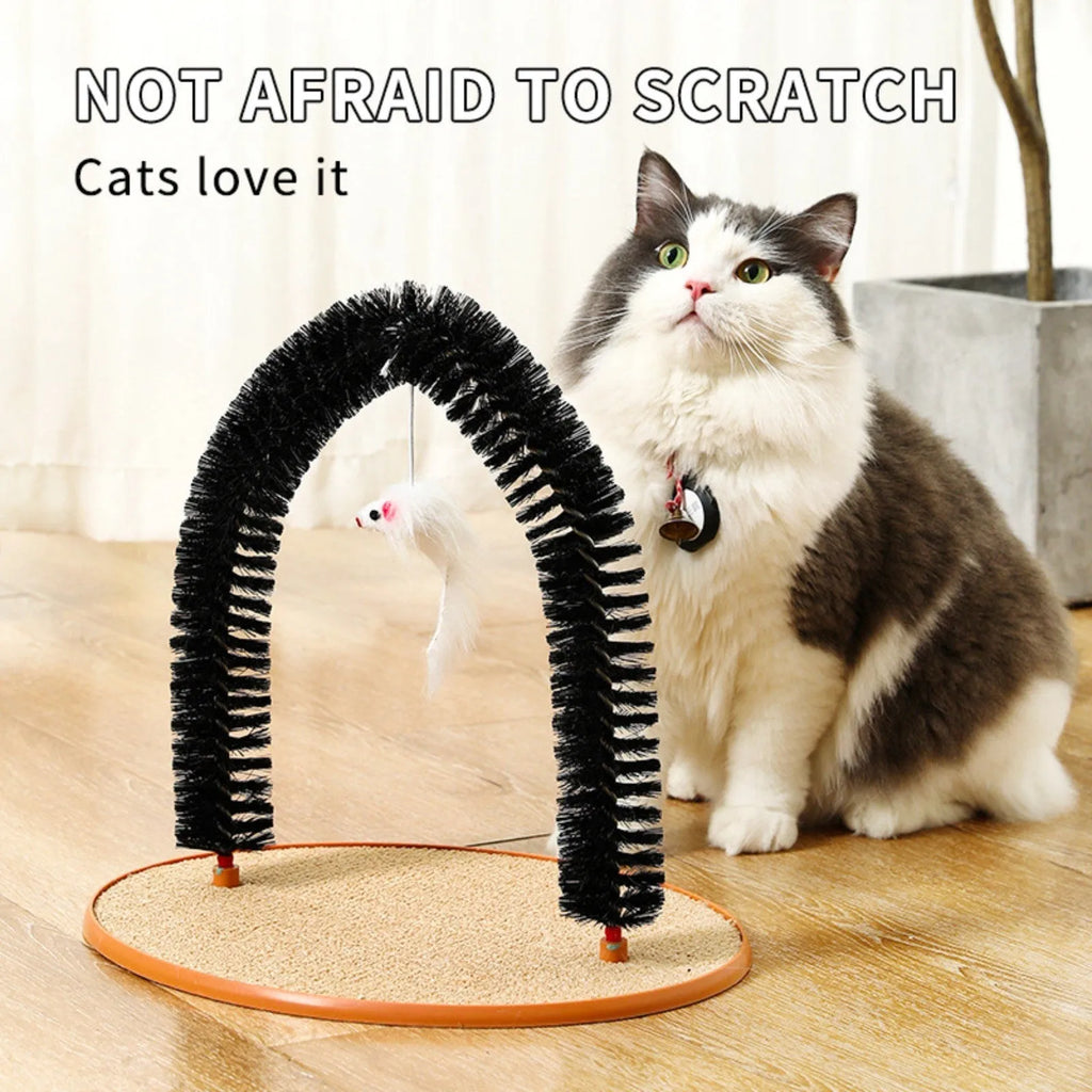 Black plastic arch-shaped cat grooming brush and scratching post with attached mouse toy