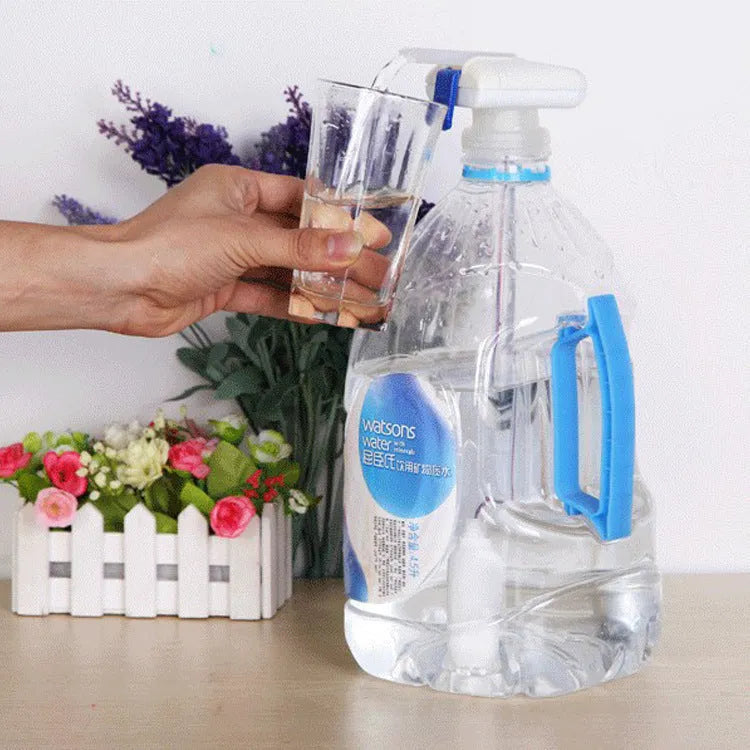 Manual electric pumping water device with long silicone straw and blue pressure handle on a drink bottle