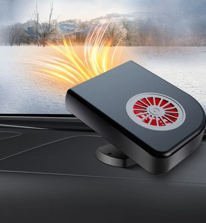 Black compact vehicle-mounted heater for car defrosting and air purification on a dashboard.