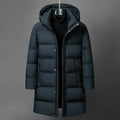Men's mid-length solid colour polyester fibre down jacket coat for casual winter wear, available in black