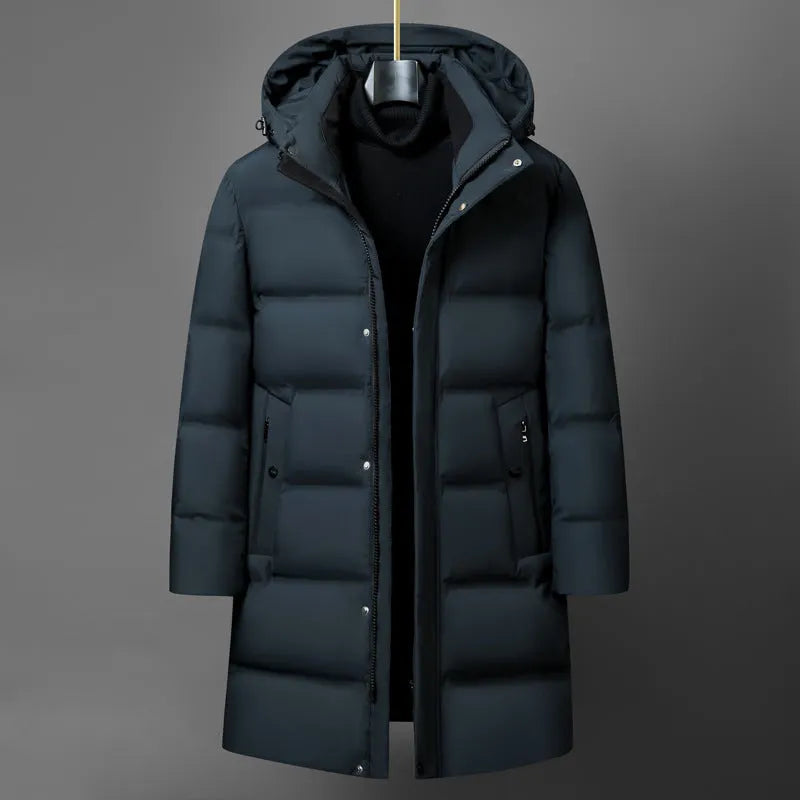 Men's mid-length solid colour polyester fibre down jacket coat for casual winter wear, available in black