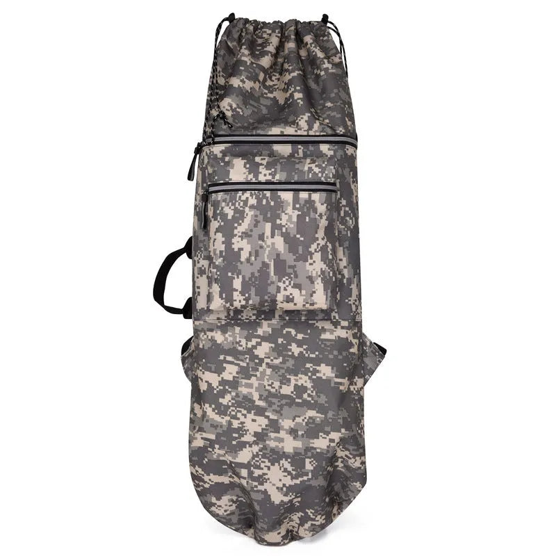 Black waterproof nylon bag for carrying a skateboard and fishing rod, shown with yoga mat.
