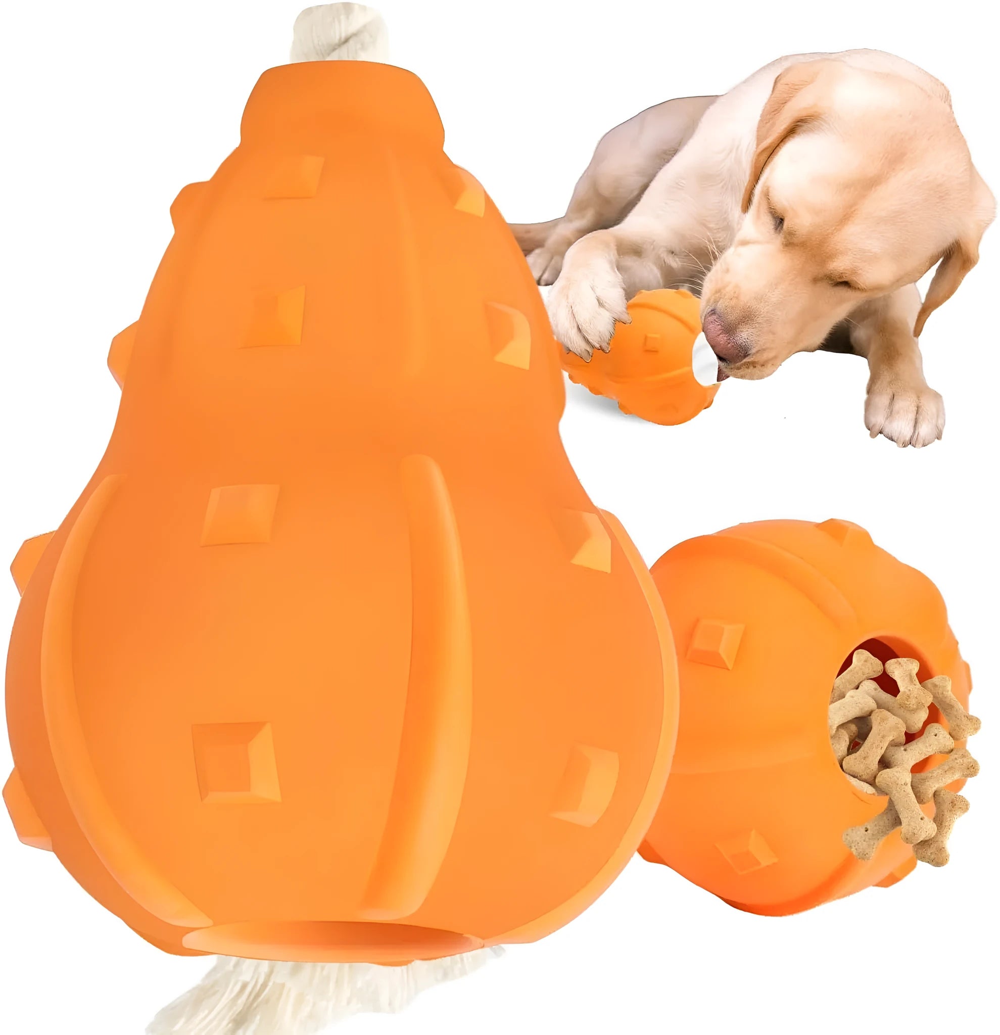 Natural rubber stuffable dog toy with long strap for fetch and treat dispensing