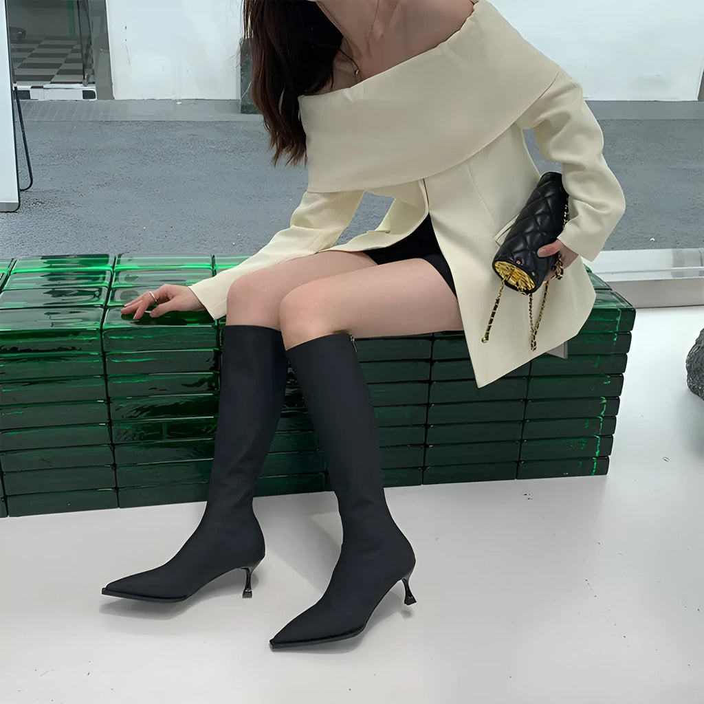 Women's black pointed toe below-the-knee boots with a stiletto heel and back zip on a neutral background.
