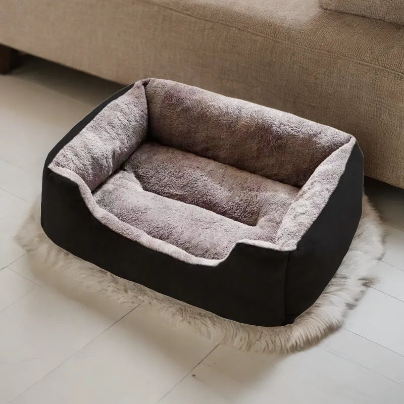 Soft grey short plush cat bed for a sleeping kitten