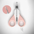 Grey and pink angled cat nail clippers with safety guard and rubber-coated handles.