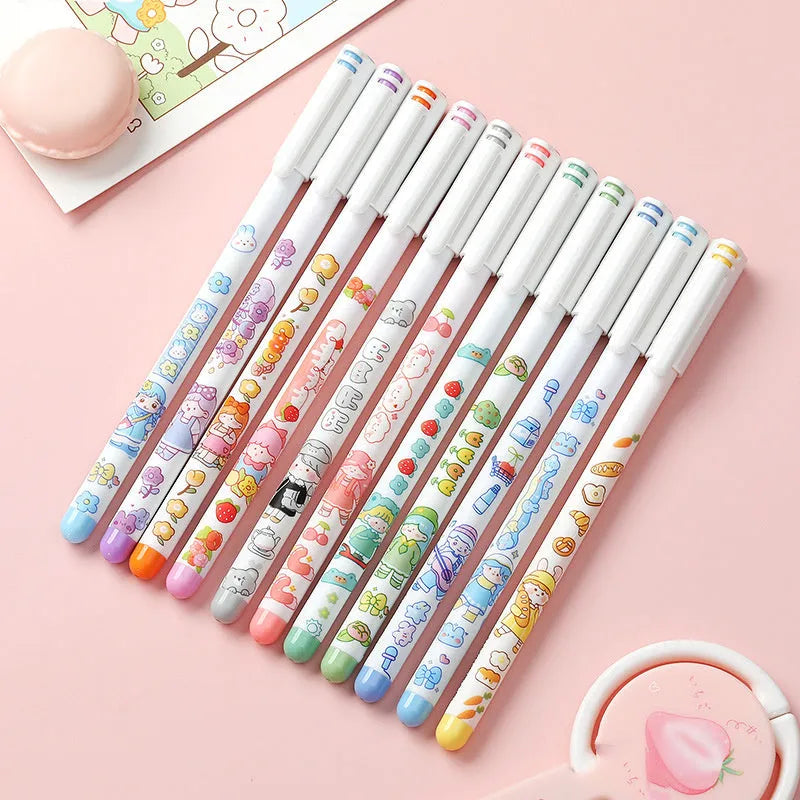 Set of twelve coloured gel pens with 0.5mm fine tips and plastic bodies for hand accounting.