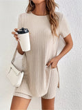 Women's ribbed cotton short sleeve top and shorts set in black, grey or khaki