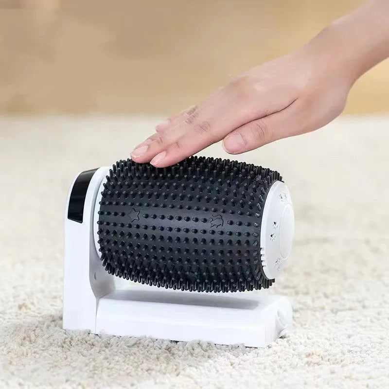 White automatic cat self-groomer mounted on wall corner with USB cable connection