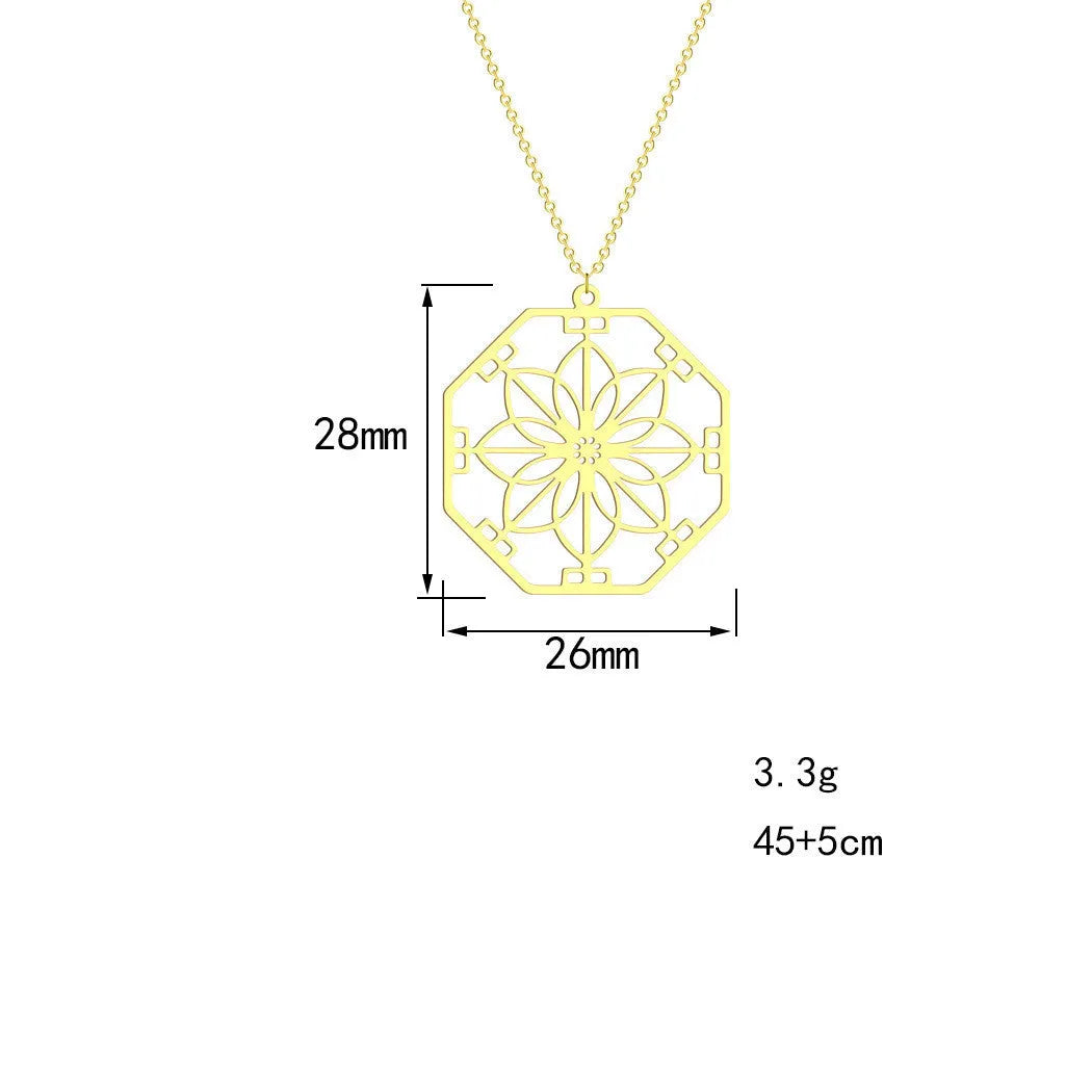 Mandala flower pendant necklace stainless steel gold colour electroplated finish