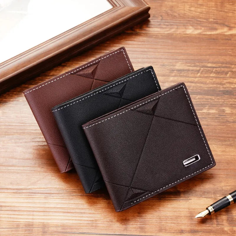 Men's thin three-fold horizontal wallet showing multiple card slots in soft PU leather