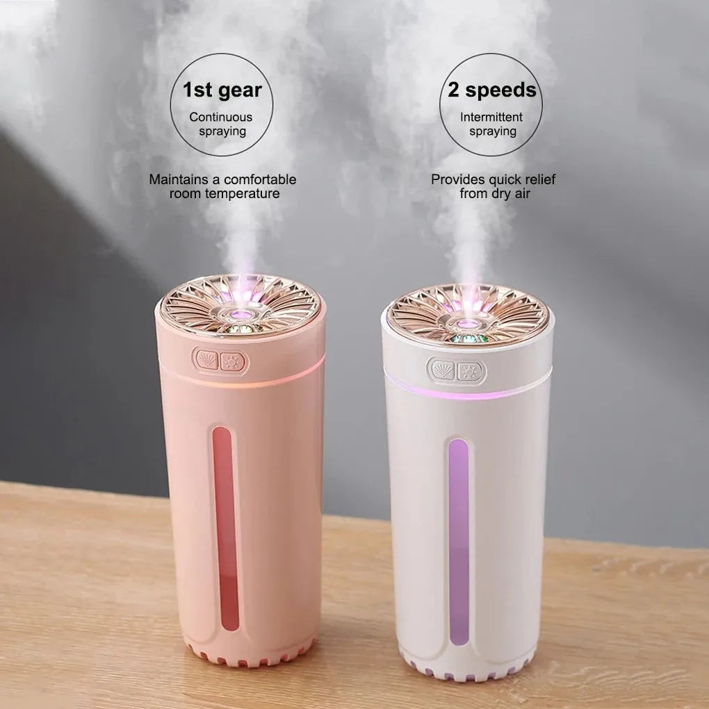 Black portable USB rechargeable humidifier with colourful LED lights on car cup holder