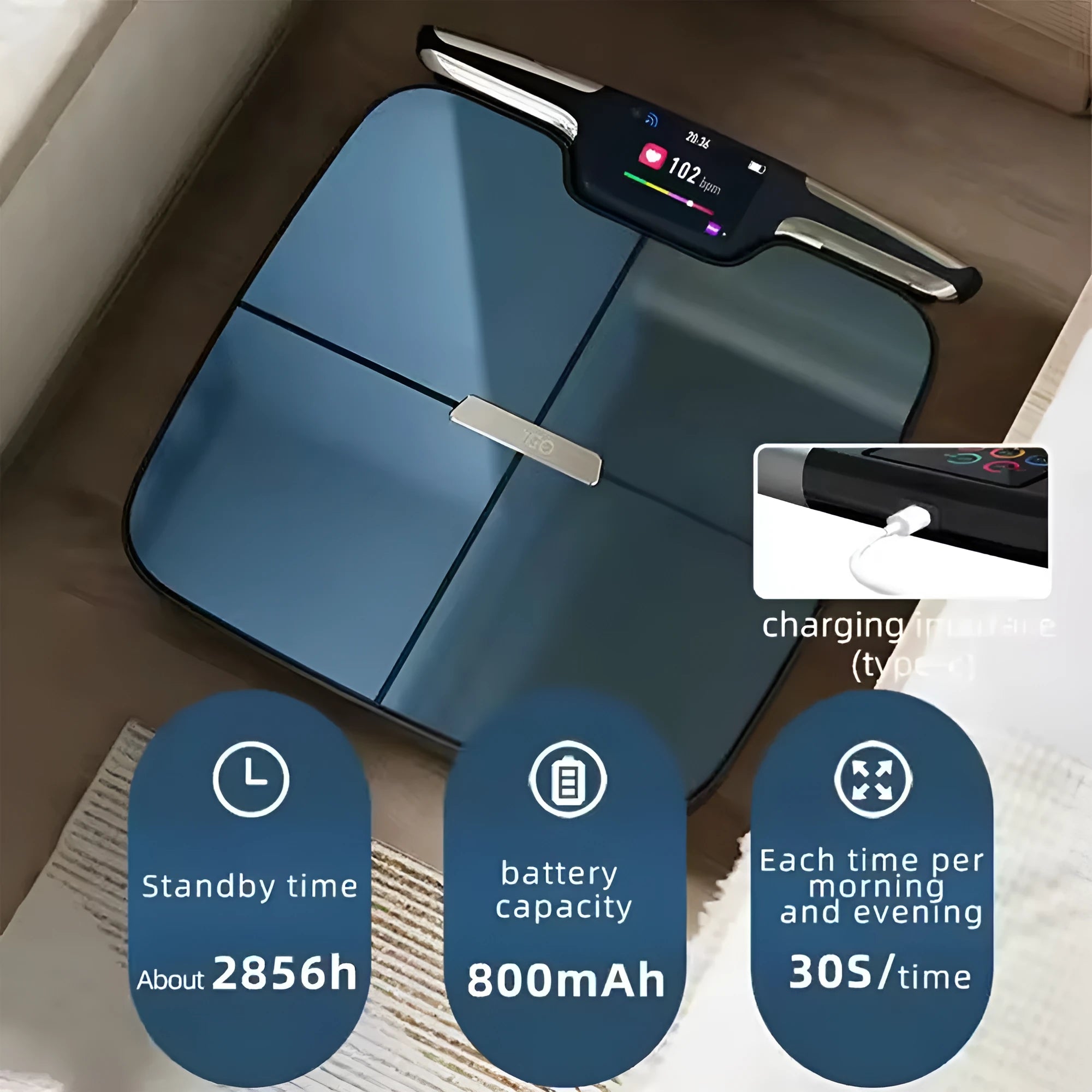 Black square eight-electrode body fat scale on a bathroom floor