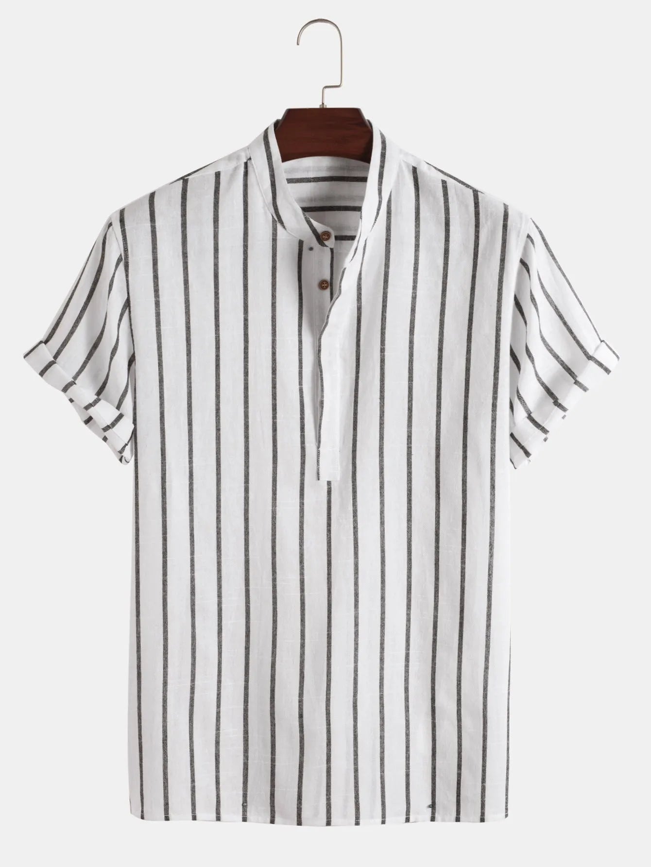 Fashion striped casual men's shirt short sleeve cotton pullover in white, red, gray, blue