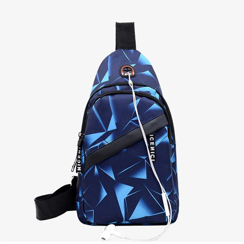 Blue Oxford cloth crossbody messenger bag with a strap, showing a front earphone hole and zipper closure.