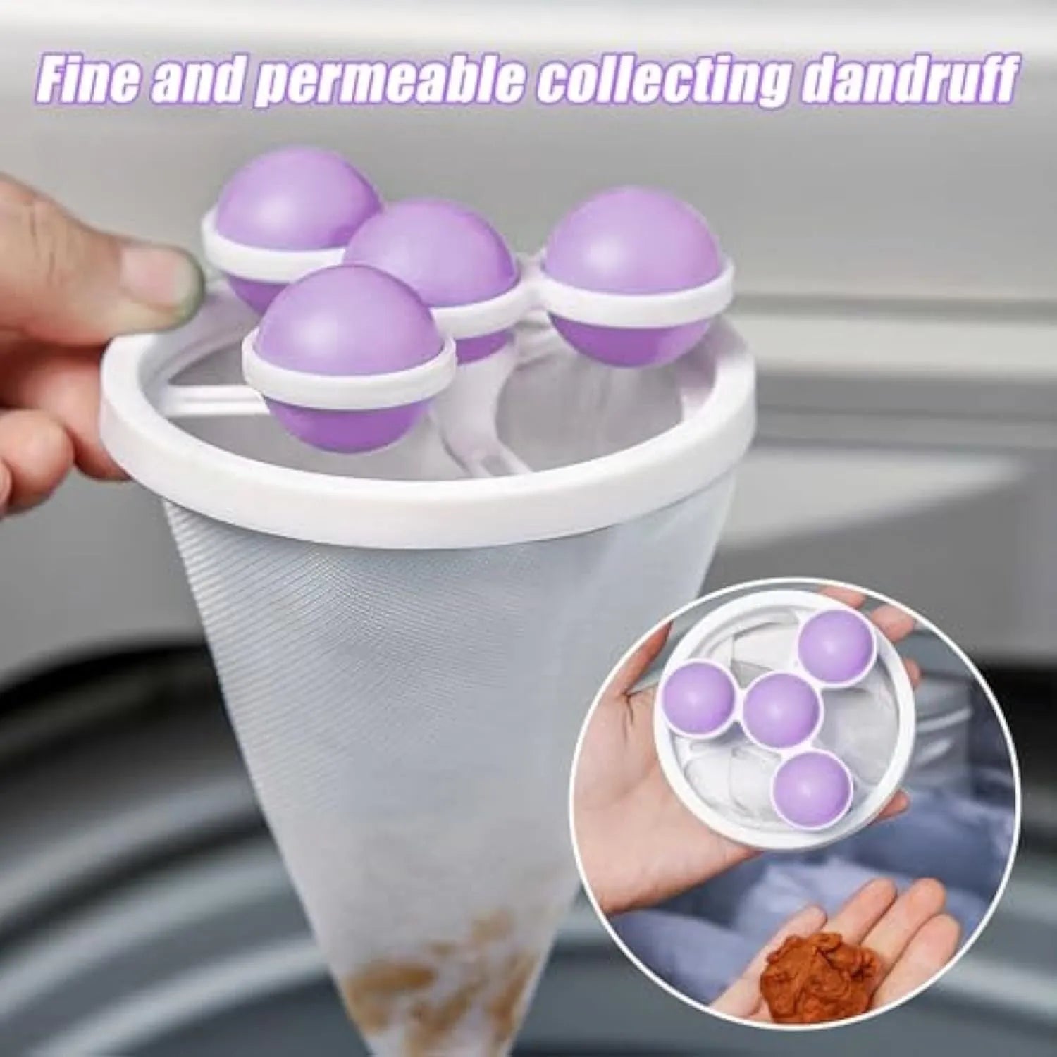 Three reusable pink blue purple washing machine hair filter mesh bags for pet lint removal