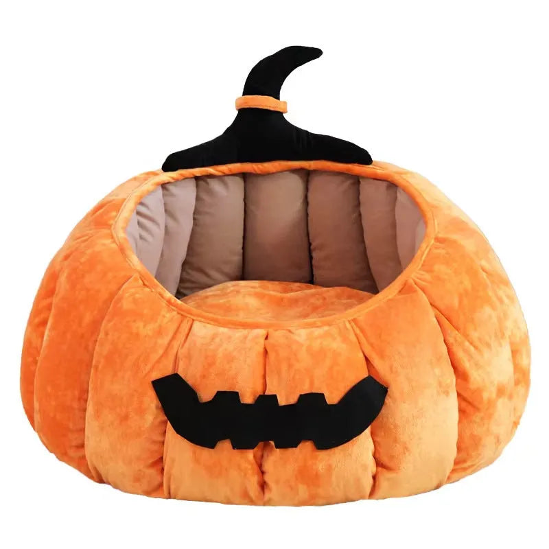 Halloween themed pumpkin cartoon devil design soft plush cat bed for cats and small dogs in black colour.