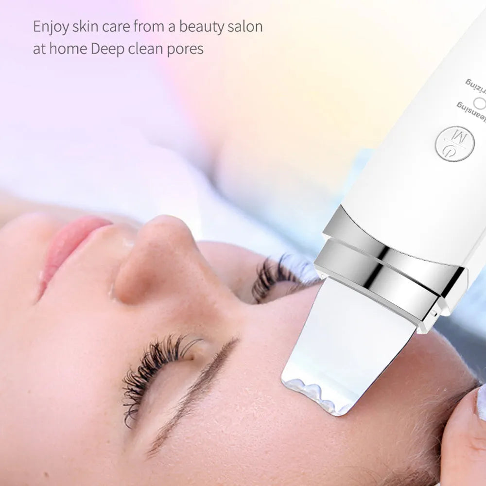 Ultrasonic peeling beauty instrument G77 white, 183.5 mm long, with stainless steel shovel head and USB charging cable