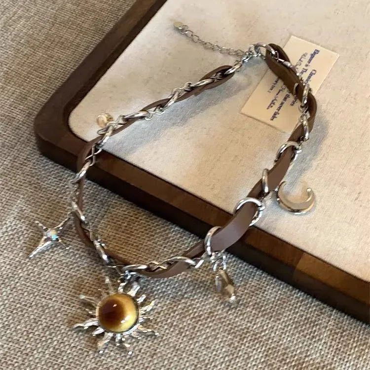Punk Love rivet metal leather collar necklace with electroplated alloy geometric butterfly pendant and regular chain