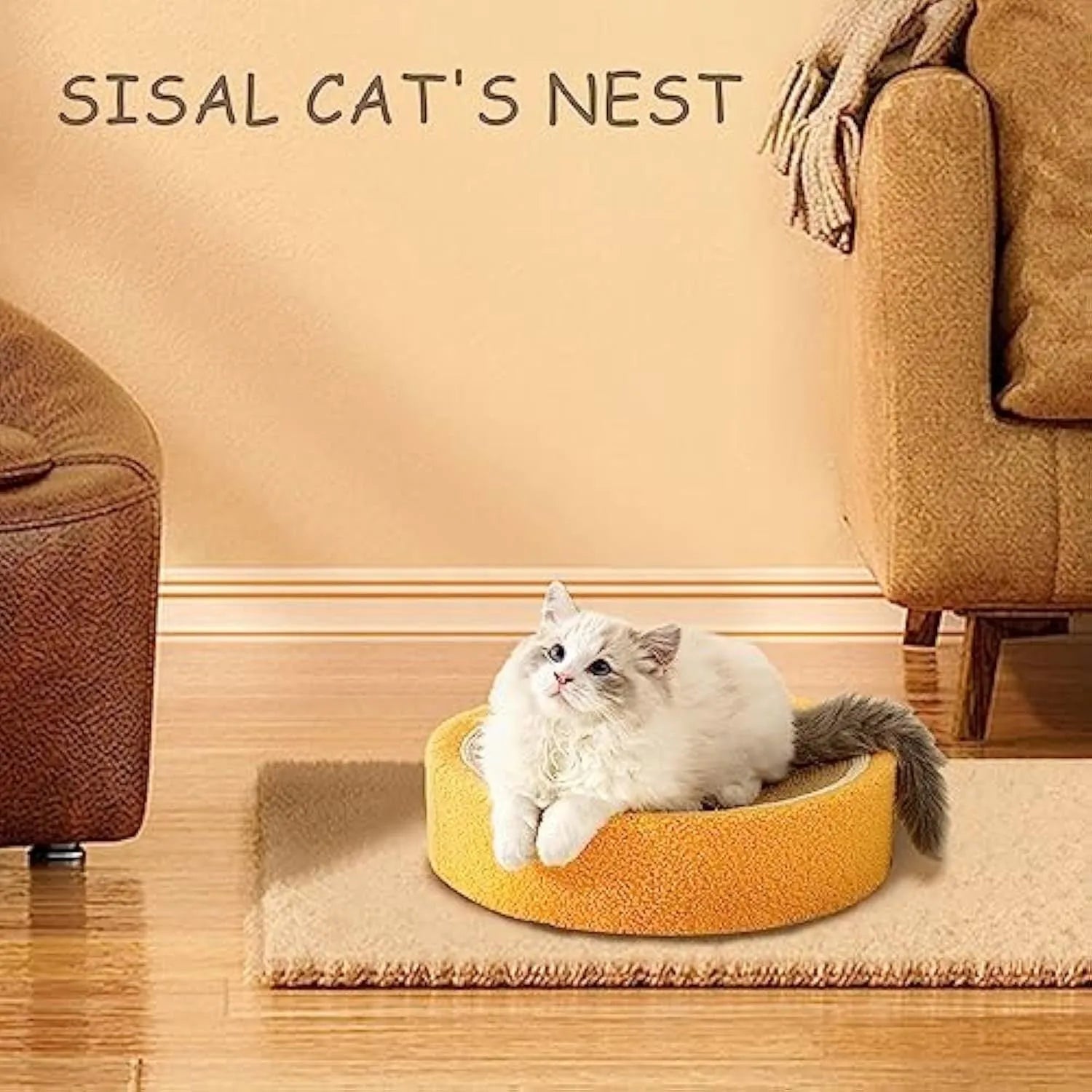 Yellow round sisal cat scratching board and bed for small breeds.