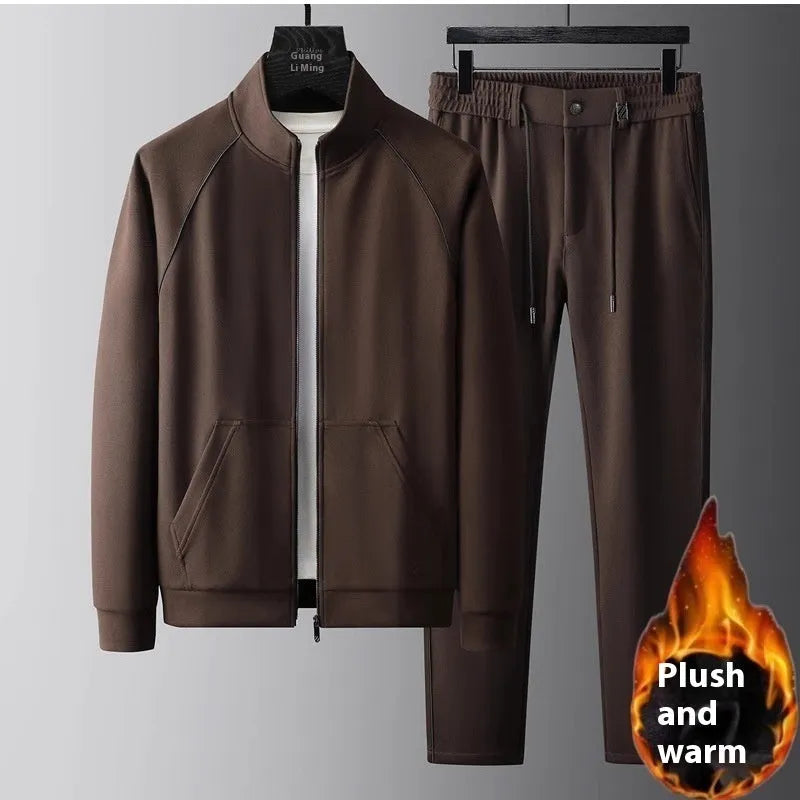 Stand collar casual sports suit set in Vinylon fabric, showing coat and trousers in slim Asian fit.