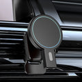Black and white magnetic wireless charger for mobile phones with compact size.