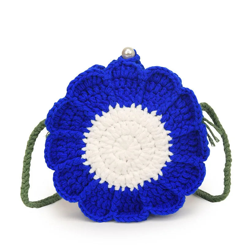 Hand-woven crochet shoulder bag with wool flowers and round suitcase shape
