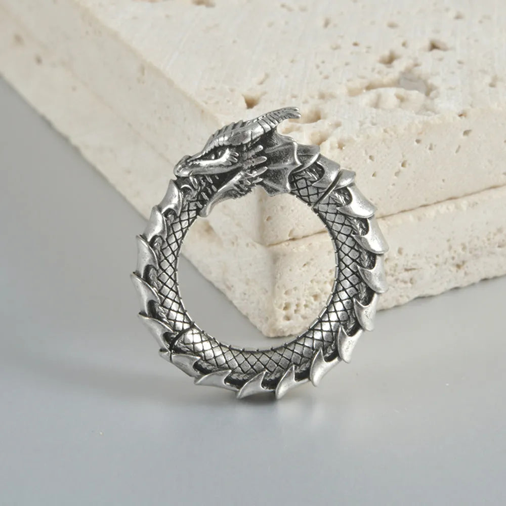 Pair of antique silver dragon-shaped hollow-out earrings with geometric design on a white background