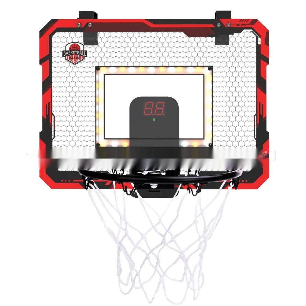 Red and blue foldable basketball frame toy with suction cups and hook shown in dunk scoring and folded ball rack positions.