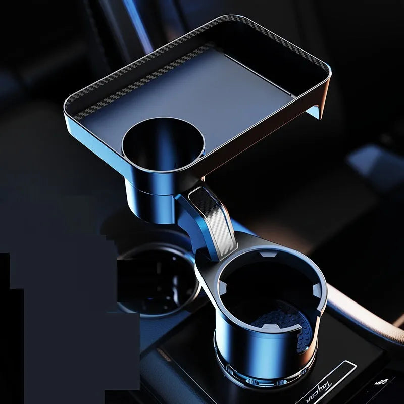Black ABS plastic car-mounted rotating dinner tray holder installed in a vehicle cup holder.