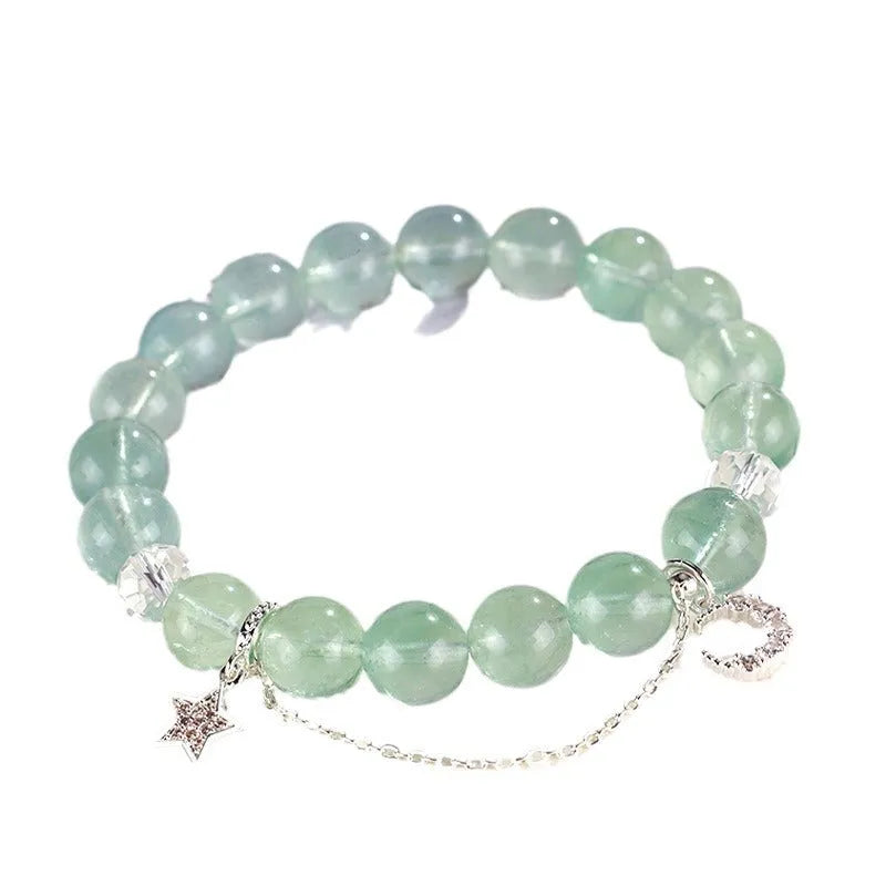 Green fluorite star and moon princess bracelet with white crystals and electroplated finish