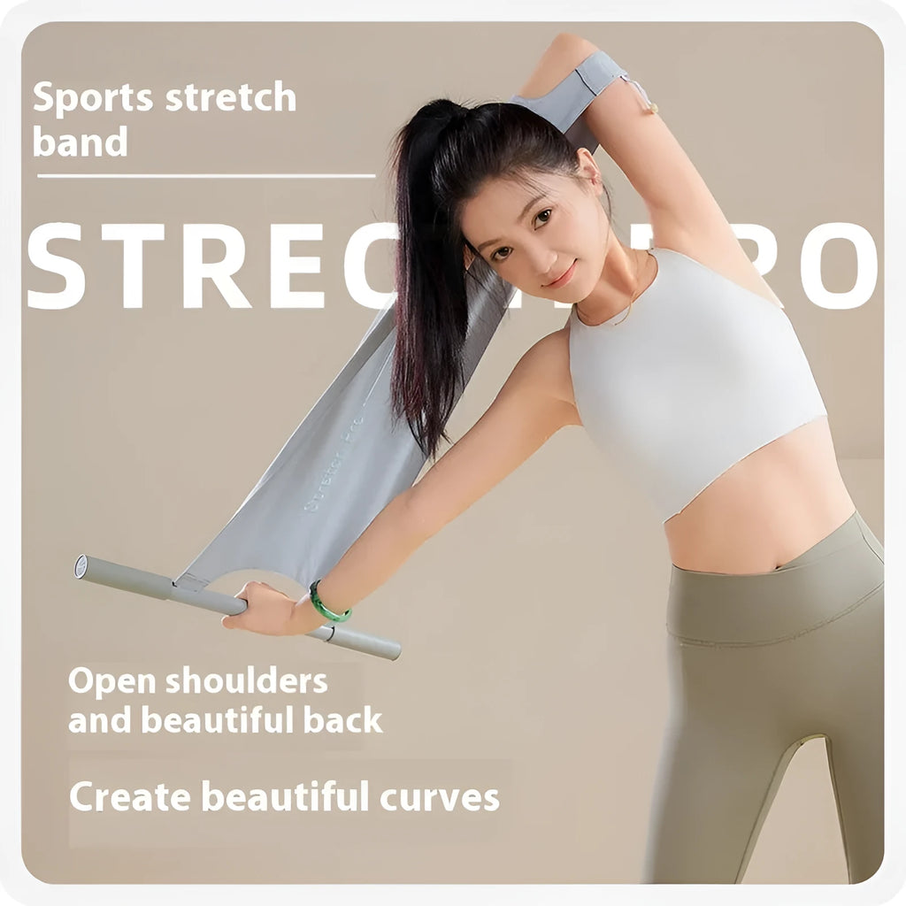 Grey and pink yoga stretching tool for shoulder back and hip flexibility on a fitness mat.