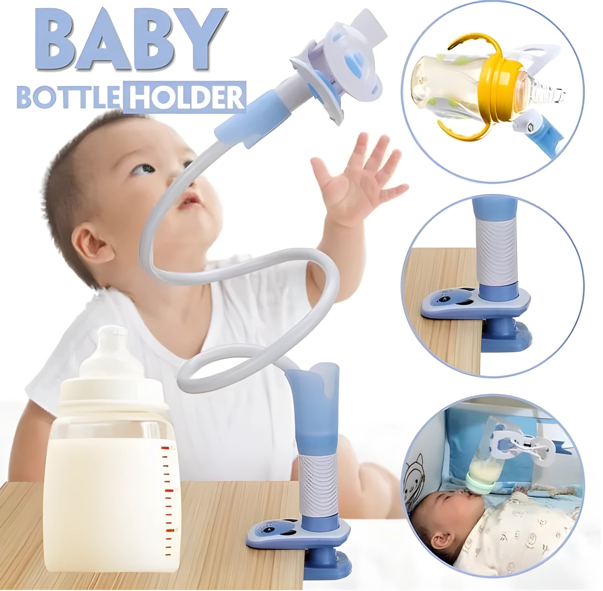 Extended 1.05 metre breastfeeding bracket in blue colour with universal bottle attachment for hands-free feeding support