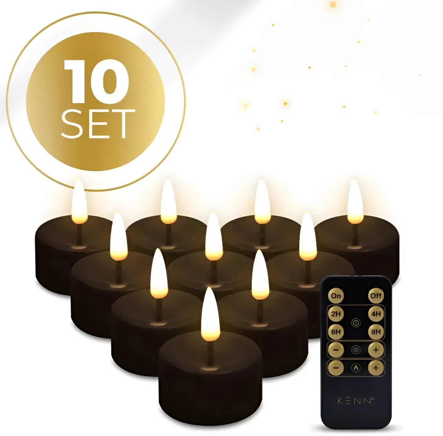 Set of four black battery-operated LED tealight candles with flickering flame effect