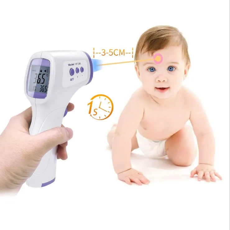White non-contact infrared forehead thermometer RAK-FI03 on a plain background showing the sensor and display