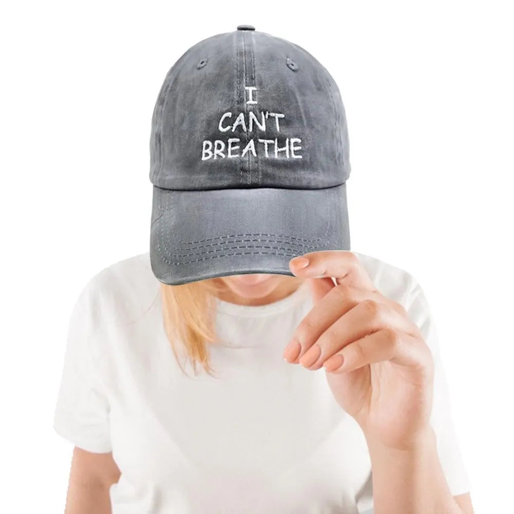 Embroidered 'I can't breathe' cotton baseball cap on display