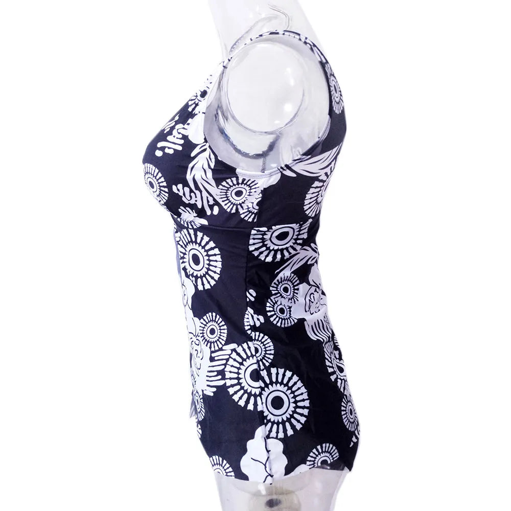 Plus-size one-piece swimsuit in black with floral print and soft bust support, front view
