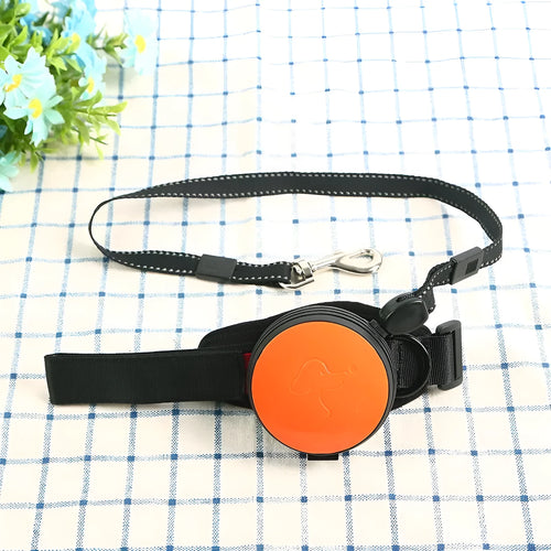 Explosion-proof automatic retractable dog leash extended to 3 metres, shown in vibrant orange colour.
